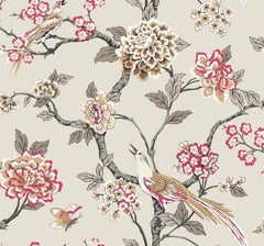 Fanciful Wallpaper by York Wallcoverings features an illustration of birds perched on flowering branches with large blossoms and leaves in shades of pink, beige, and brown, while a butterfly flutters near the flowers. The design is set against a light cream background.