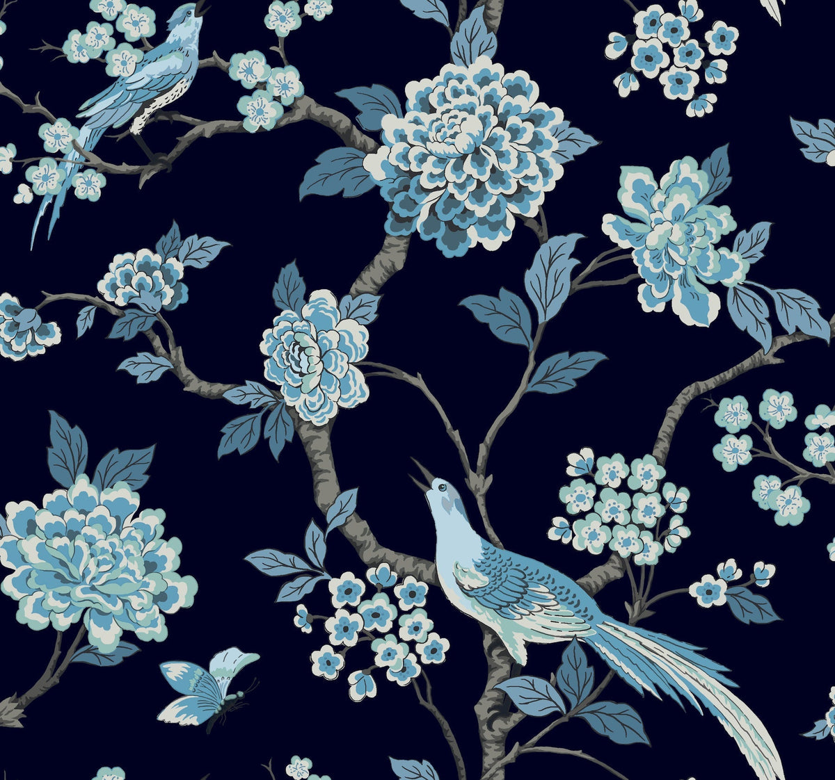 Introducing Fanciful Wallpaper by York Wallcoverings: this intricate and elegant design features blue and white birds, delicate flowers, and branches set against a dark background, with a butterfly near the bottom left. The pattern draws inspiration from traditional Asian art.
