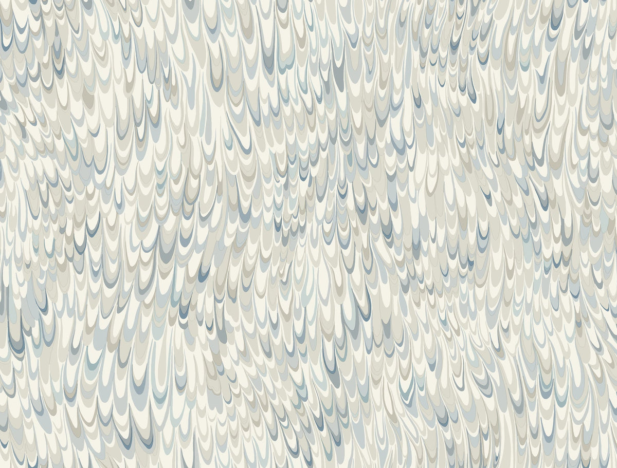 Ronald Redding Aslan Wallpaper featuring a repeating pattern of layered, U-shaped brushstrokes in shades of blue, gray, and cream.