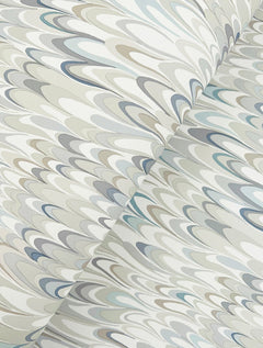 Ronald Redding Aslan Wallpaper featuring a repeating marbled pattern of overlapping teardrop shapes in shades of blue, grey, and taupe.