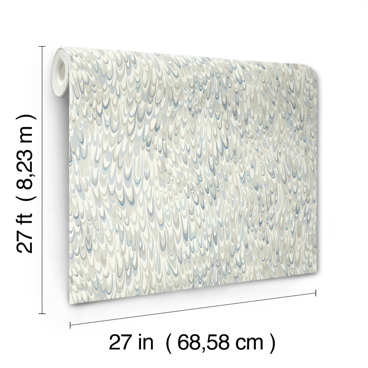 Ronald Redding Aslan Wallpaper featuring an overlapping, blue and beige scale-like pattern, measuring 27 inches wide by 27 feet long.