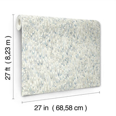 Ronald Redding Aslan Wallpaper featuring an overlapping, blue and beige scale-like pattern, measuring 27 inches wide by 27 feet long.