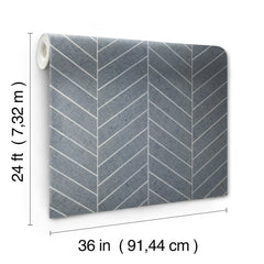 The Ronald Redding Atelier Herringbone Wallpaper by York Wallcoverings is shown, featuring a gray herringbone pattern. Its dimensions are labeled as 24 feet (7.32 meters) in length and 36 inches (91.44 centimeters) in width.