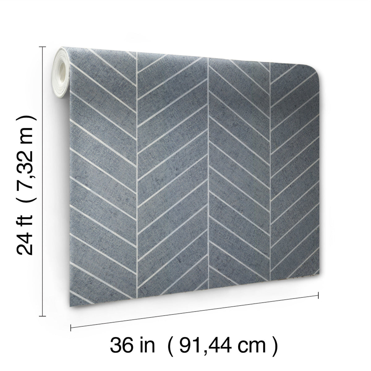 The York Wallcoverings Ronald Redding Atelier Herringbone Wallpaper features a blue-gray and white chevron pattern and comes in a roll measuring 24 feet (7.32 m) long by 36 inches (91.44 cm) wide.