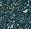 Ronald Redding Aspen Wallpaper in dark teal features a heron standing by a stream and a small deer, surrounded by stylized flowers and leafy branches.