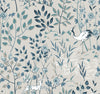Ronald Redding Aspen Wallpaper features a light gray background with illustrations of cranes, spotted deer, and stylized trees and flowers in shades of blue and black.