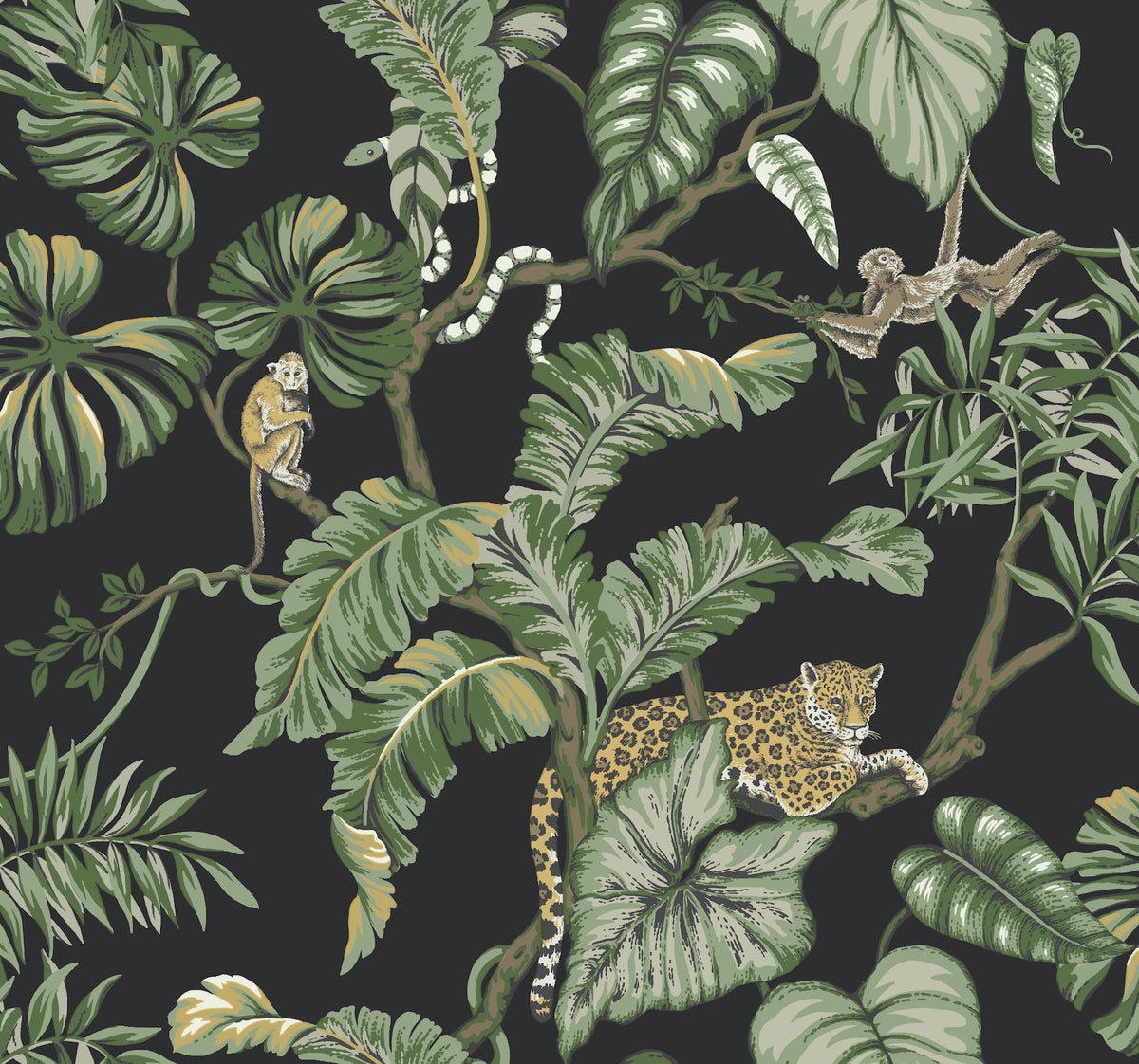 Ronald Redding Jungle Cat Wallpaper featuring a leopard, monkeys, and a snake amidst tropical foliage on a dark background.