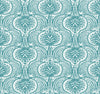 Ronald Redding Lotus Palm Wallpaper featuring a teal background with a repeating white botanical pattern of stylized lotus flowers and palm fronds.