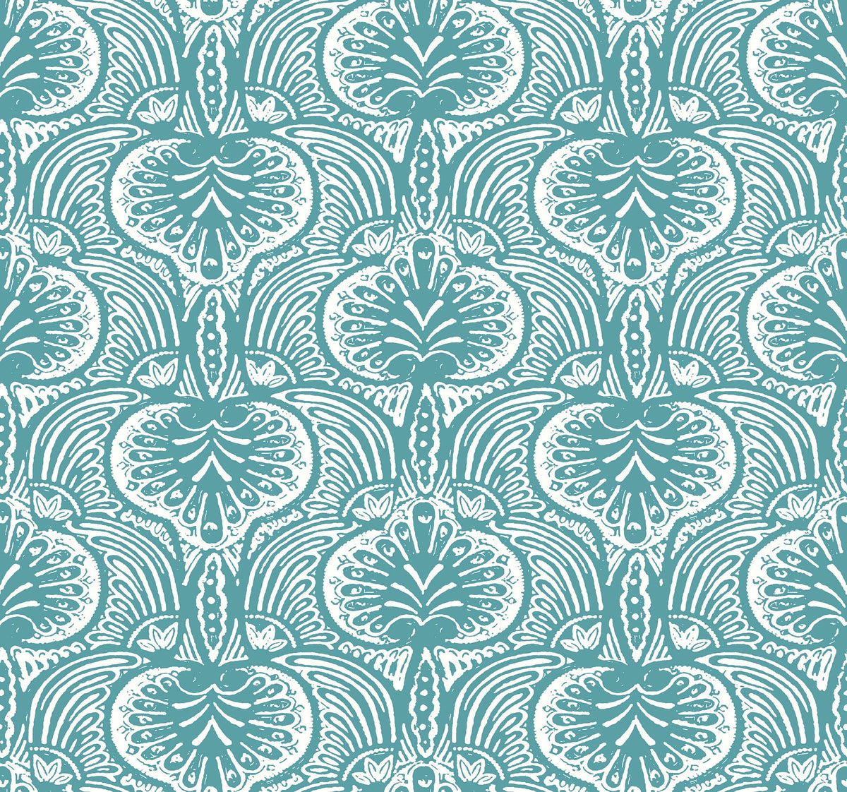 Ronald Redding Lotus Palm Wallpaper featuring a teal background with a repeating white botanical pattern of stylized lotus flowers and palm fronds.