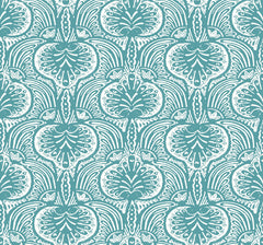 Ronald Redding Lotus Palm Wallpaper featuring a teal background with a repeating white botanical pattern of stylized lotus flowers and palm fronds.