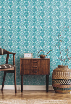 Ronald Redding Lotus Palm Wallpaper featuring a teal background with a white repeating botanical pattern of fan-shaped leaves and scrolling stems.