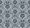 Ronald Redding Lotus Palm Wallpaper featuring a repeating dark blue design of white stylized lotus flowers and ornate leaves.