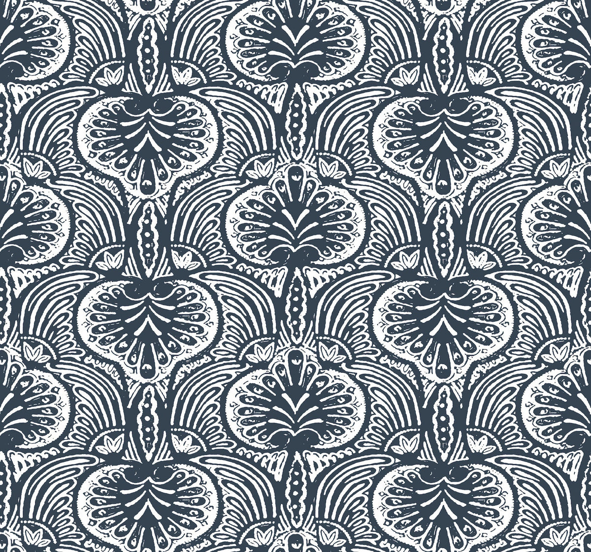 Ronald Redding Lotus Palm Wallpaper featuring a repeating dark blue design of white stylized lotus flowers and ornate leaves.