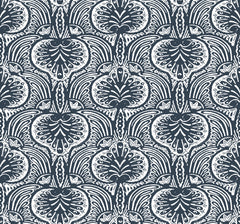 Ronald Redding Lotus Palm Wallpaper featuring a repeating dark blue design of white stylized lotus flowers and ornate leaves.