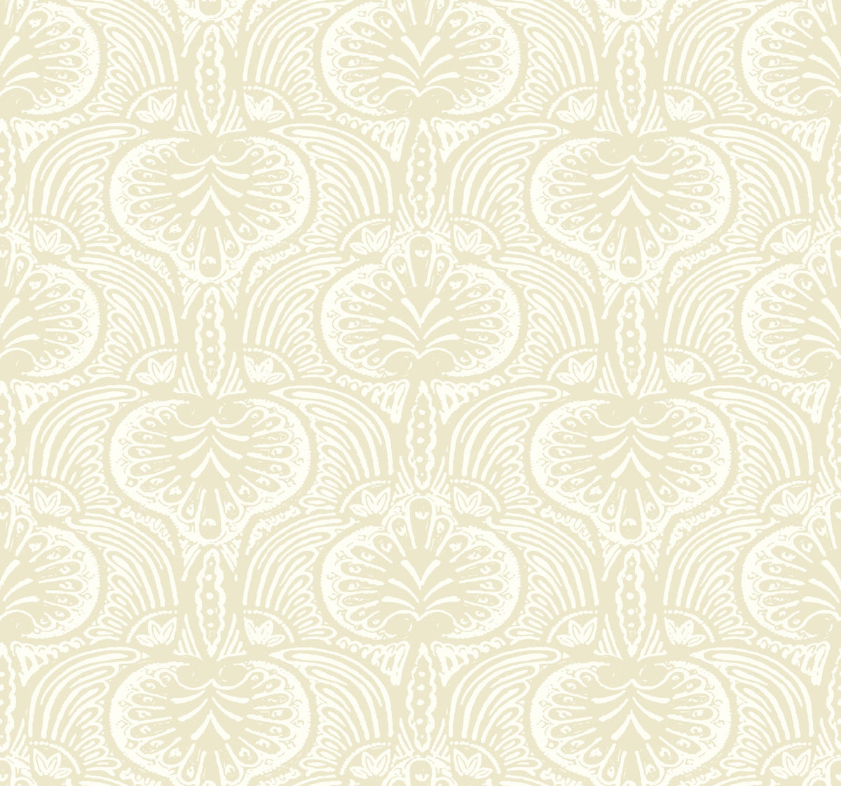 Ronald Redding Lotus Palm Wallpaper featuring a cream-colored, repeating decorative pattern of stylized lotus flowers and arched leaves.
