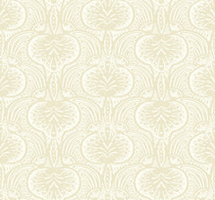 Ronald Redding Lotus Palm Wallpaper featuring a cream-colored, repeating decorative pattern of stylized lotus flowers and arched leaves.
