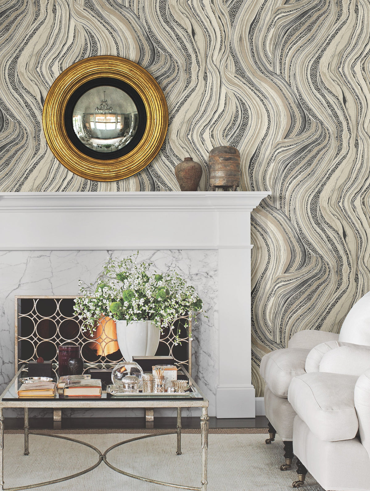 Ronald Redding Streaming Cheetah wallpaper featuring a pattern of undulating, flowing lines filled with small black-and-white leopard spots on a light background.