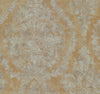 Ronald Redding Charleston Damask Wallpaper featuring a distressed, faded damask floral pattern in light tan over a golden-brown background.