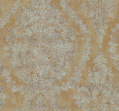 Ronald Redding Charleston Damask Wallpaper featuring a distressed, faded damask floral pattern in light tan over a golden-brown background.
