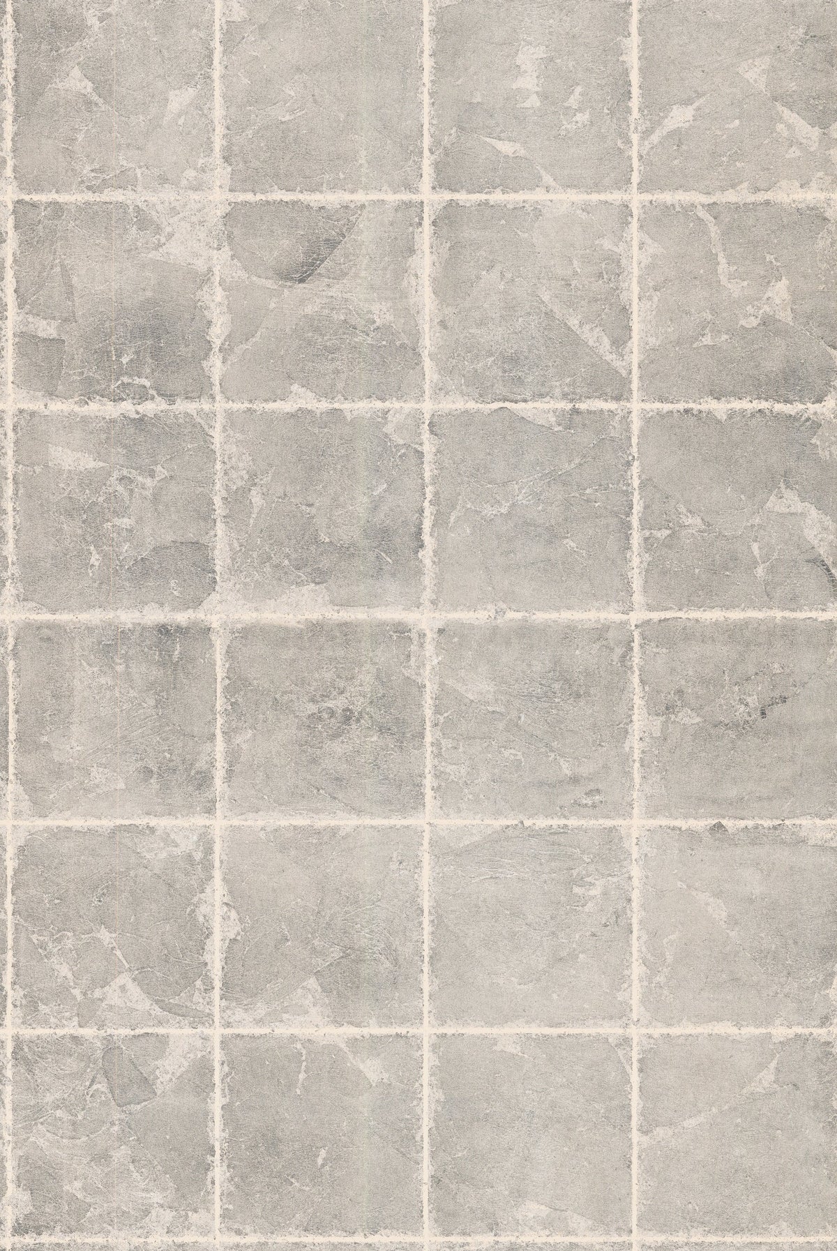 Ronald Redding Metal Leaf Squares Wallpaper by York Wallcoverings features a grid pattern that mimics gray stone tiles with visible grout lines. Its surfaces display a slightly rough, weathered texture and subtle color variations, creating a natural and rustic look.