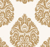 Ronald Redding Teardrop Damask Wallpaper featuring large gold teardrop-shaped damask motifs with ornate floral and leaf details on a cream background.