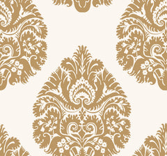 Ronald Redding Teardrop Damask Wallpaper featuring large gold teardrop-shaped damask motifs with ornate floral and leaf details on a cream background.