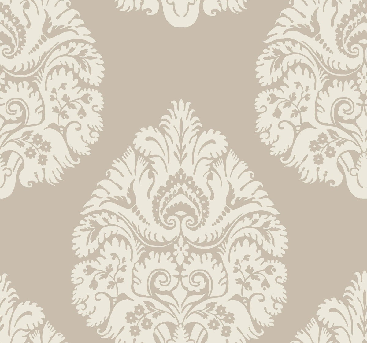 Ronald Redding Teardrop Damask Wallpaper featuring a light beige background with a repeating cream-colored teardrop damask pattern.