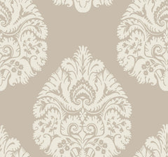 Ronald Redding Teardrop Damask Wallpaper featuring a light beige background with a repeating cream-colored teardrop damask pattern.