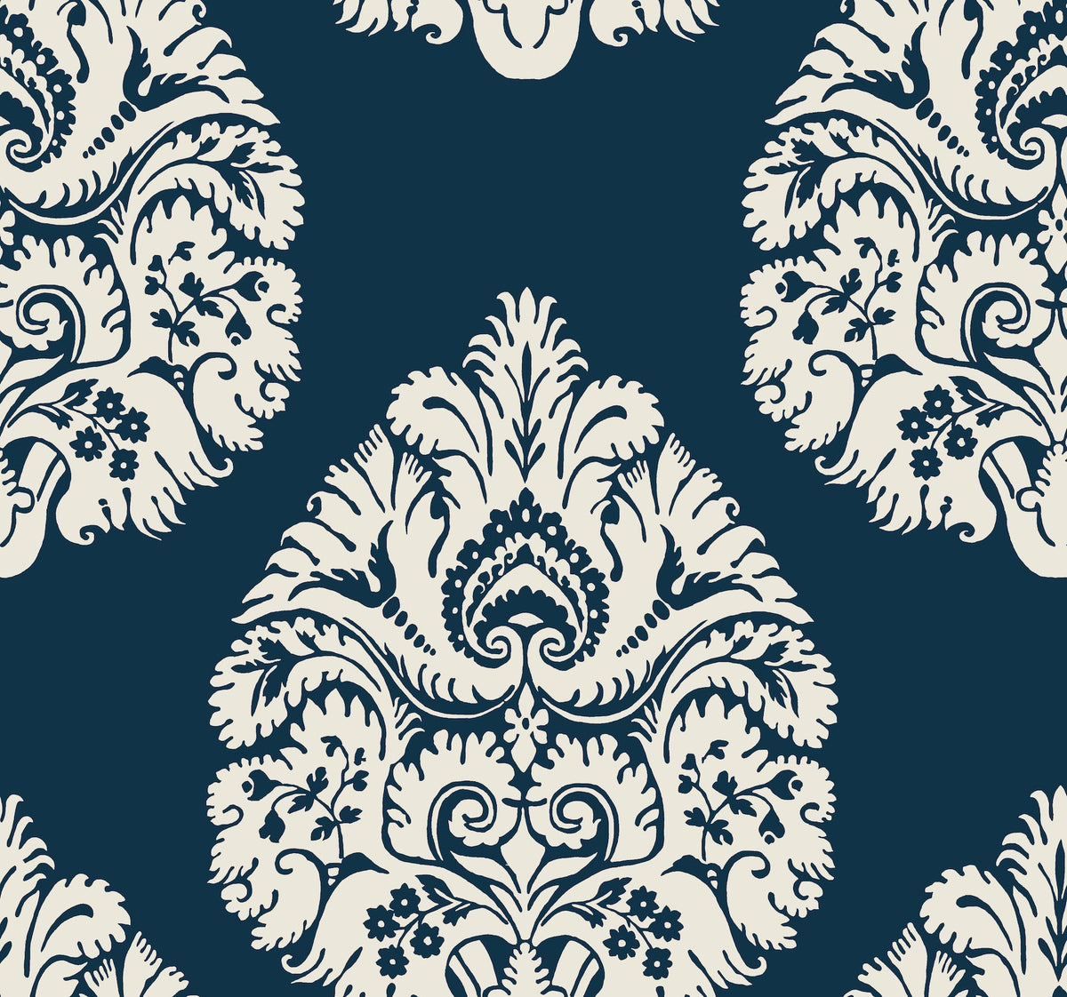Ronald Redding Teardrop Damask Wallpaper featuring a repeating damask pattern of off-white teardrop-shaped floral motifs on a dark blue background.