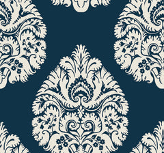 Ronald Redding Teardrop Damask Wallpaper featuring a repeating damask pattern of off-white teardrop-shaped floral motifs on a dark blue background.