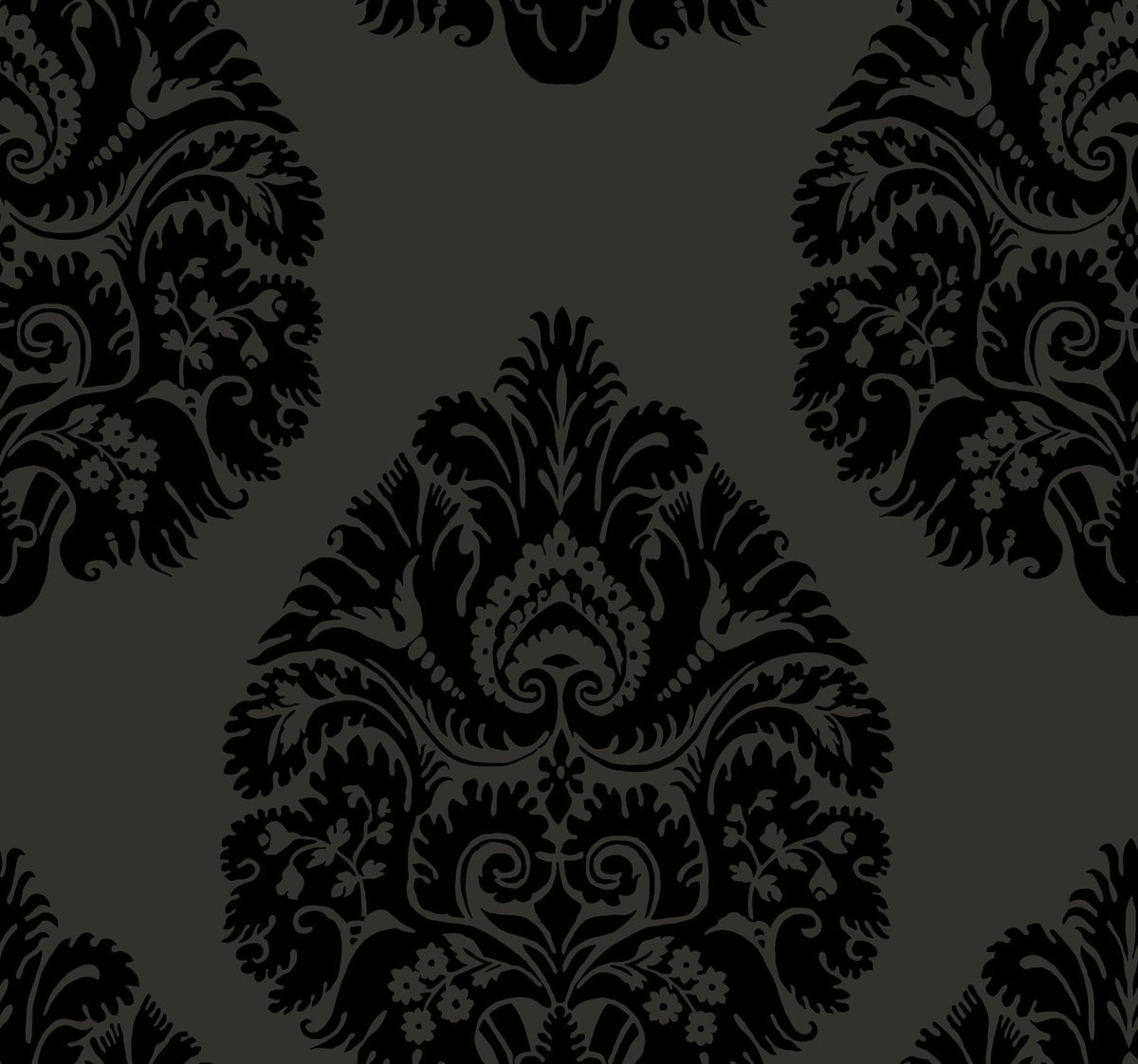 Ronald Redding Teardrop Damask Wallpaper featuring a black repeating teardrop-shaped floral pattern on a dark gray background.