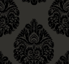 Ronald Redding Teardrop Damask Wallpaper featuring a black repeating teardrop-shaped floral pattern on a dark gray background.