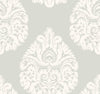 Ronald Redding Teardrop Damask Wallpaper featuring a repeating off-white teardrop-shaped damask pattern on a pale gray background.