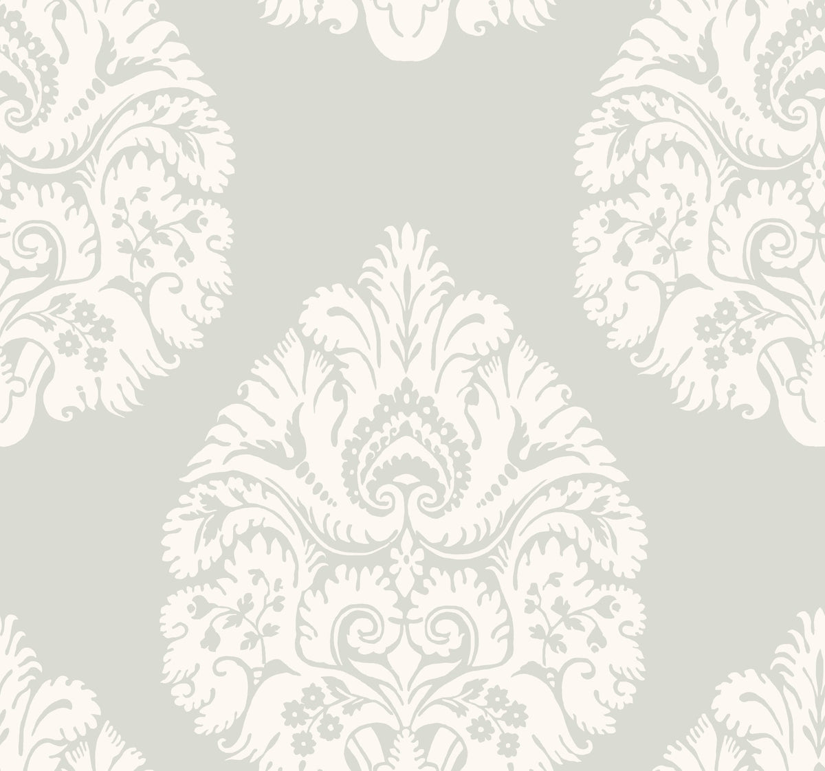 Ronald Redding Teardrop Damask Wallpaper featuring a repeating off-white teardrop-shaped damask pattern on a pale gray background.