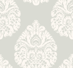Ronald Redding Teardrop Damask Wallpaper featuring a repeating off-white teardrop-shaped damask pattern on a pale gray background.