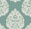 Ronald Redding Teardrop Damask Wallpaper featuring a repeating cream-colored teardrop damask pattern on a sage green background.