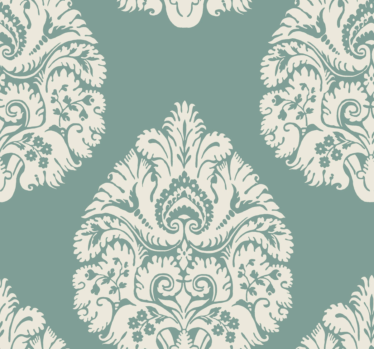 Ronald Redding Teardrop Damask Wallpaper featuring a repeating cream-colored teardrop damask pattern on a sage green background.