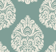 Ronald Redding Teardrop Damask Wallpaper featuring a repeating cream-colored teardrop damask pattern on a sage green background.