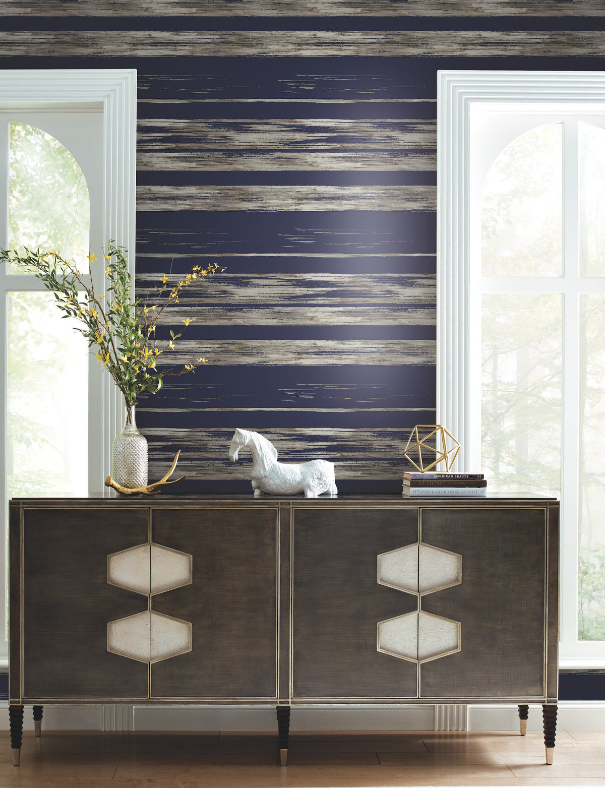 Ronald Redding Horizontal Dry Brush Wallpaper featuring horizontal stripes of dark blue alternating with brushed, weathered-looking bands of gray and cream.