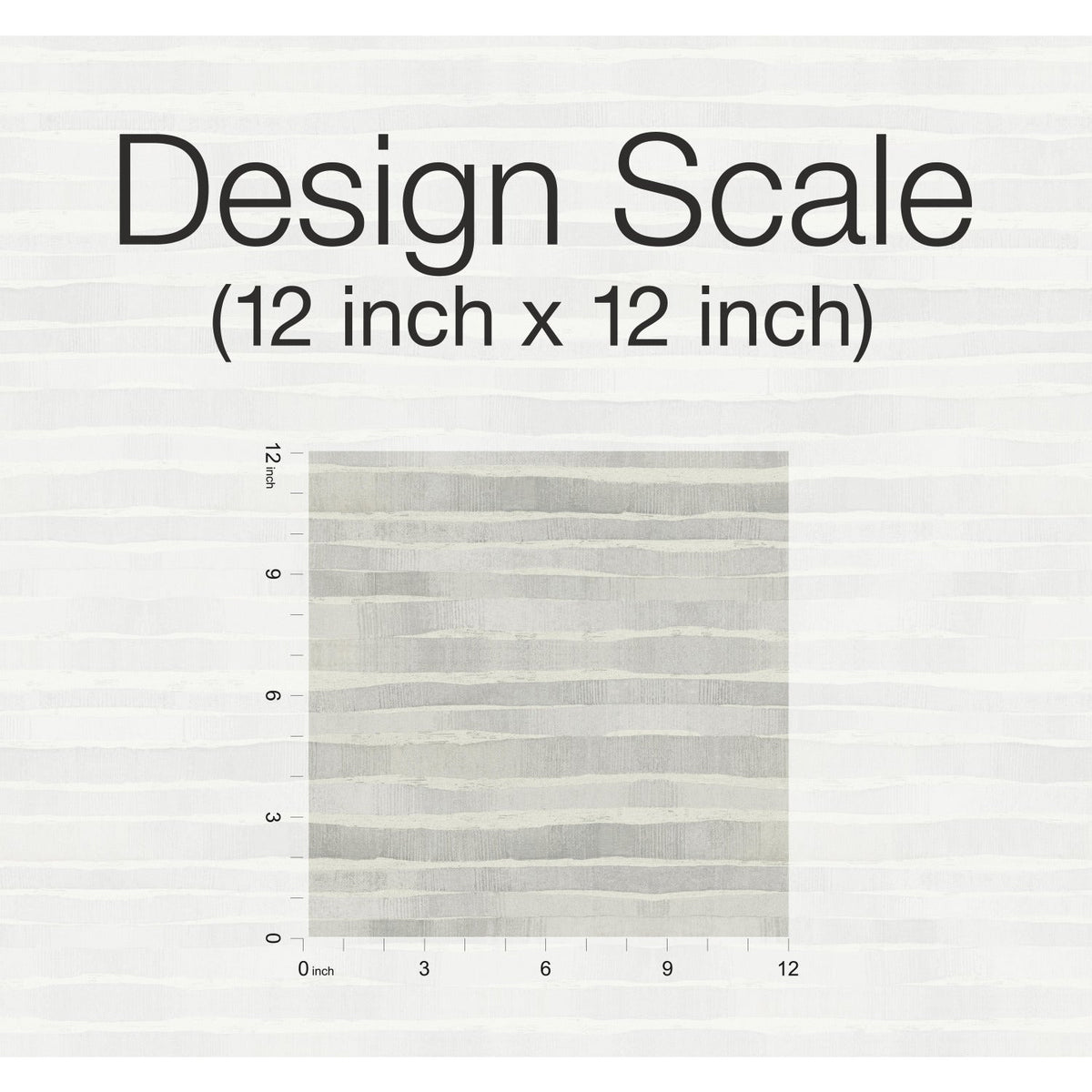A 12-inch by 12-inch square sample of Ronald Redding Dreamscapes Wallpaper by York Wallcoverings, featuring horizontal, textured grey stripes on an off-white background.