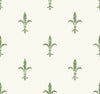 Ronald Redding Fleur De Lis Wallpaper featuring a repeating pattern of sage green, distressed fleur-de-lis symbols on an off-white background.