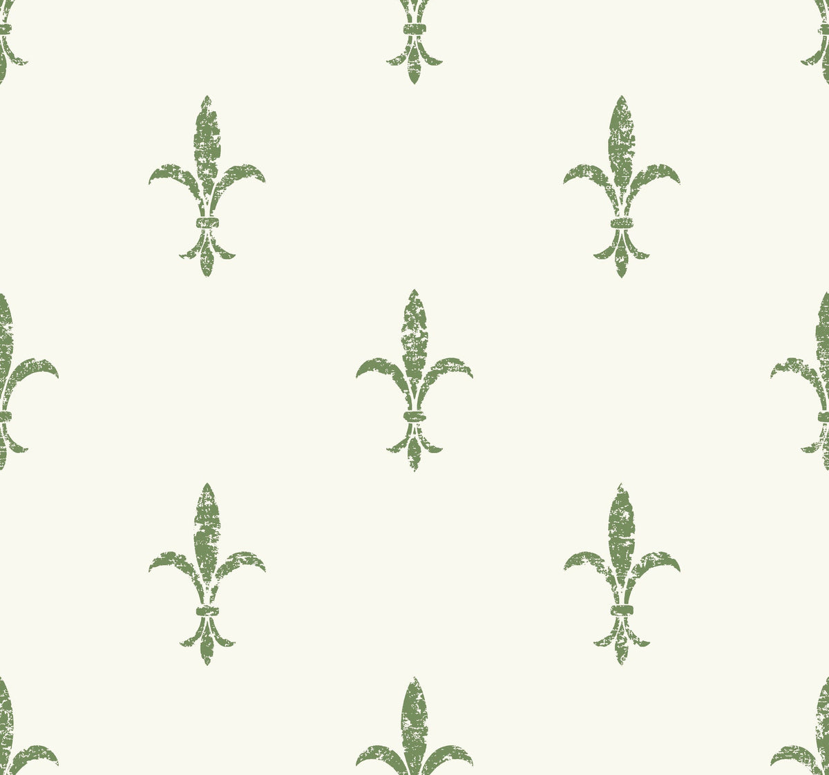 Ronald Redding Fleur De Lis Wallpaper featuring a repeating pattern of sage green, distressed fleur-de-lis symbols on an off-white background.