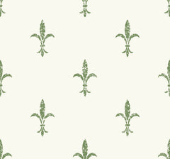 Ronald Redding Fleur De Lis Wallpaper featuring a repeating pattern of sage green, distressed fleur-de-lis symbols on an off-white background.