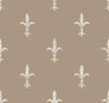 Repeating pattern of distressed, off-white fleur-de-lis icons on a tan background, from the Ronald Redding Fleur De Lis Wallpaper by York Wallcoverings.