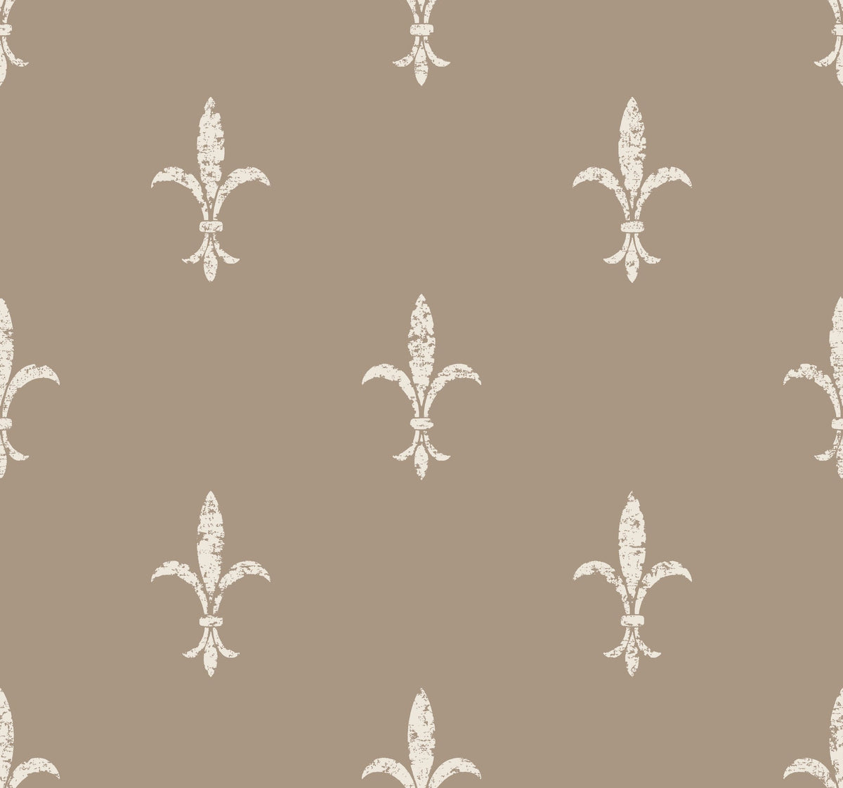 Repeating pattern of distressed, off-white fleur-de-lis icons on a tan background, from the Ronald Redding Fleur De Lis Wallpaper by York Wallcoverings.