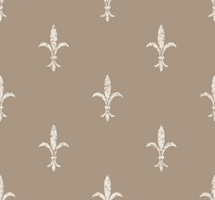 Repeating pattern of distressed, off-white fleur-de-lis icons on a tan background, from the Ronald Redding Fleur De Lis Wallpaper by York Wallcoverings.