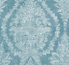 Ronald Redding Charleston Damask Wallpaper featuring a large-scale, ornate white damask floral pattern on a light blue background.