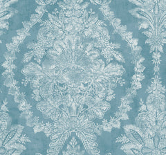 Ronald Redding Charleston Damask Wallpaper featuring a large-scale, ornate white damask floral pattern on a light blue background.