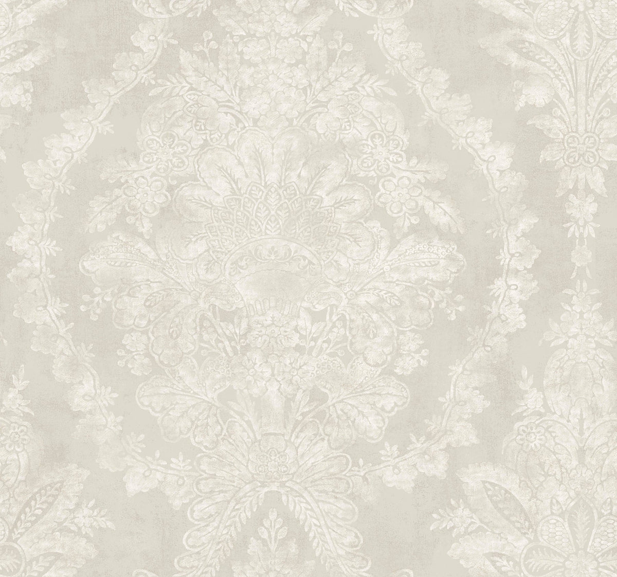 Ronald Redding Charleston Damask Wallpaper featuring a repeating beige damask floral pattern.