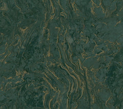 Ronald Redding Polished Marble Wallpaper featuring a dark green marble pattern with flowing, metallic gold veins.